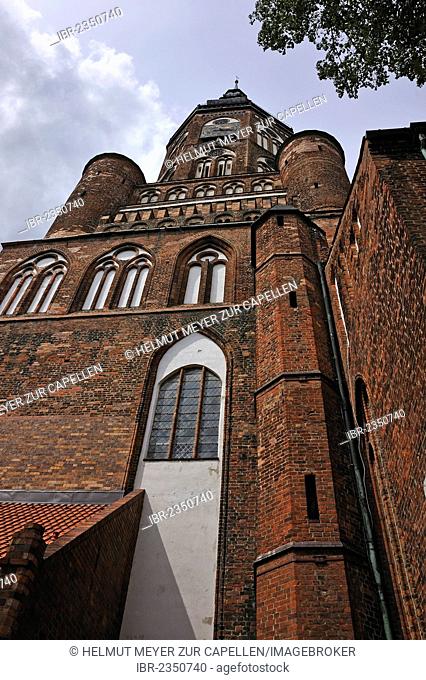 Steeple of Greifswald Cathedral, around 1300, was rebuilt after it collapsed in 1653, Domstrasse street, Greifswald, Mecklenburg-Western Pomerania, Germany