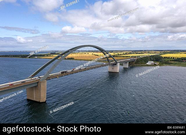 Drone photo, drone shot, Fehmarnsund bridge over the Baltic Sea, truck and car traffic, Fehmarn island, Schleswig-Holstein, Germany, Europe