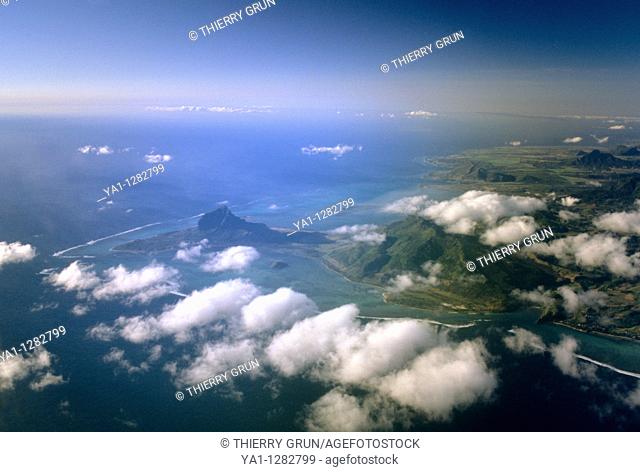 Aerial view of South West coast near Morne Brabant (on the left), Mauritius Island, Indian Ocean
