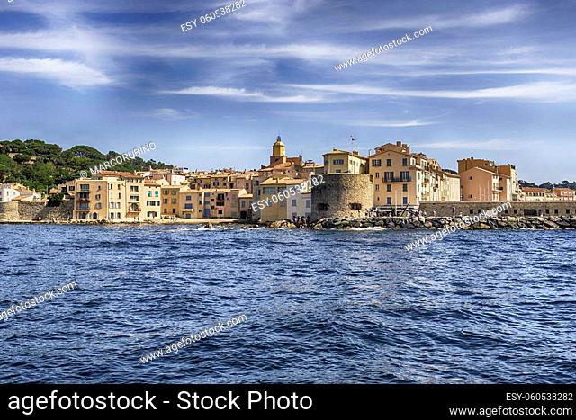 Scenic view of Saint-Tropez, Cote d'Azur, France. The town is a worldwide famous resort for the European and American jet set and tourists
