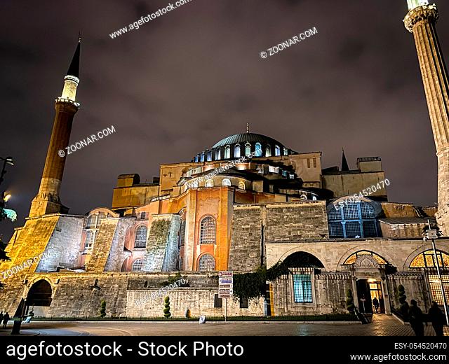 Ayasofya Museum, Hagia Sophia in Sultan Ahmet park in Istanbul, Turkey October 25, 2019 in a beautiful summer night scene and street lights