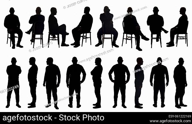 large group of silhouette of the same man sitting and standing various poses