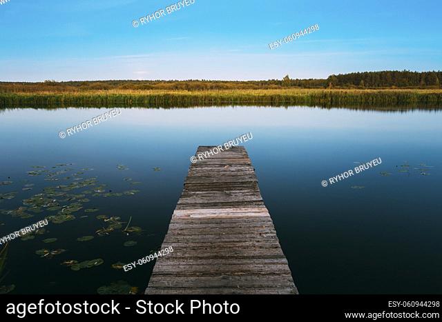 Wooden boards pier on Calm Water Of Lake, River. Forest On Other Side. Landscape. Nature Background