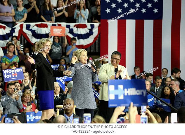 Charlotte Mayor, Jennifer Roberts (l) on stage with Hillary Clinton (c) at a rally to campaign one day before Primary Day at the Grady Cole Center on March 14th