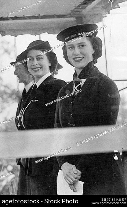 Princesses take Salute at girl Guides Rally. Princess Elizabeth and Princess Margaret attended the Girl Guides Rally which was hold in the Cockpit