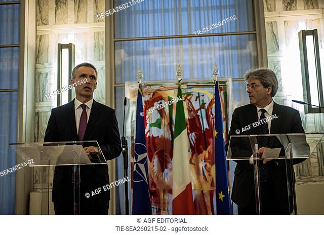 The minister for Foreign Affairs Paolo Gentiloni meets the NATO Secretary General Jens Stoltenberg at the Foreign Ministry. Rome, Italy. 26/02/2015