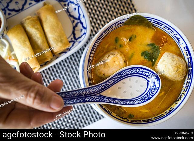 Amal, Sweden Spring rolls and sauce in a Thai restaurant and Tom Yum Soup