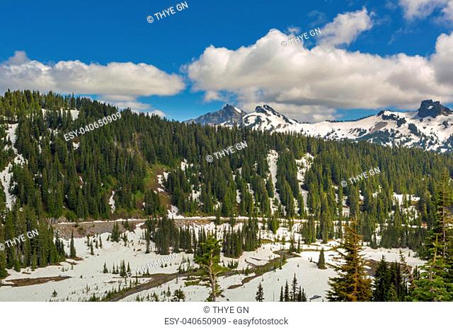 Mount Rainier National Park with snow covered Tatoosh Range scenic view in Washington State