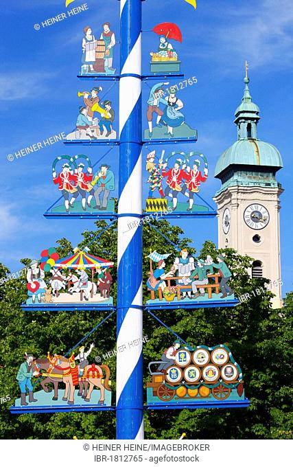 Maypole, Viktualienmarkt square and Heiliggeistkirche, Church of the Holy Ghost, Munich, Bavaria, Germany, Europe