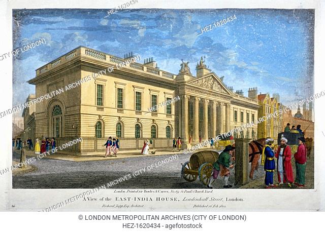 North view of East India House, Leadenhall Street, City of London, 1802. Also showing figures in street, including man with horse transporting barrel and three...