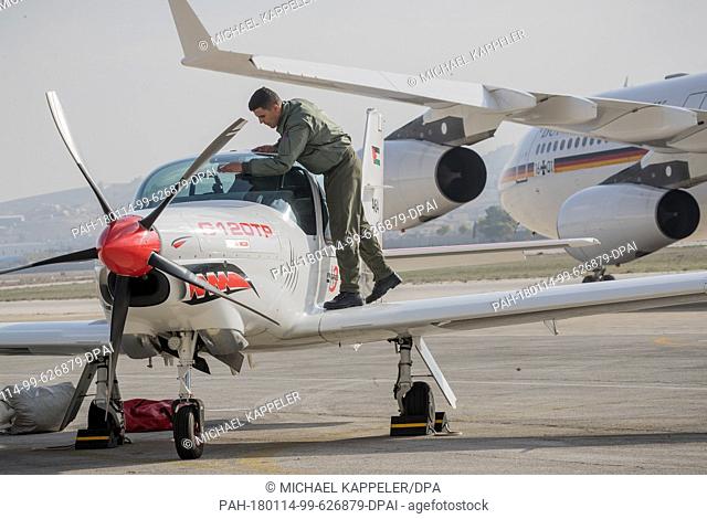 A training air plane of Type Grov G120TP stands prior to the transfer of the so called 'strengthening projects' on the airbase Marka IAP in Amman, Jordan
