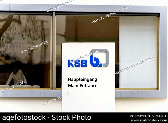 19 December 2023, Rhineland-Palatinate, Frankenthal: The KSB company logo stands in front of the company's headquarters. KSB was founded in Frankenthal in 1871...