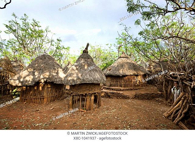 Traditional Konso village on a mountain ridge overlooking the rift valley  Inside a family compound  The Konso are living in tradtional villages with compunds...