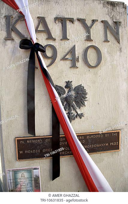 Memorial Monument Commemorating The Katyn Massacre In 1940 Draped In The Polish National Flag Adelaide Australia
