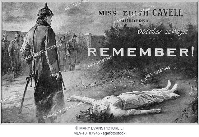A German officer contemplates the corpse of EDITH CAVELL nurse, shot by the Germans in Belgium for assisting the Allies