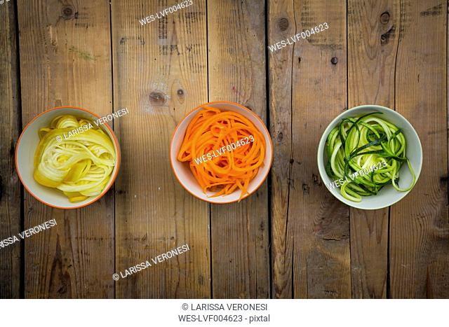 Bowls of spiralized carrots and different zucchinis