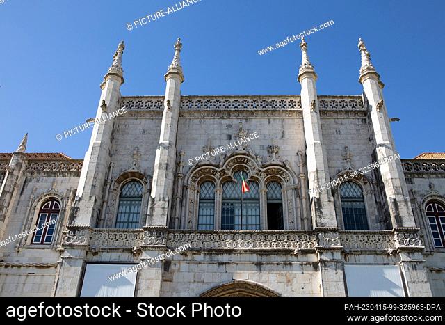 PRODUCTION - 06 April 2023, Portugal, Lissabon: The part of the facade above the entrance of the monastery ""Mosteiro de Jeronimos"" in the district of Belem