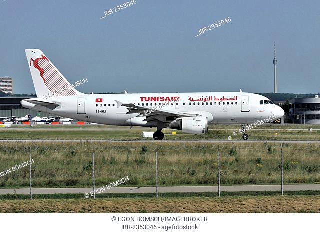 Tunisair TS-IMJ Airbus A319-114 landing at Stuttgart Airport, Stuttgart, Baden-Wuerttemberg, Germany, Europe
