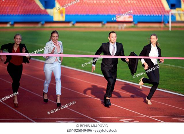 business people running together on athletics racing track