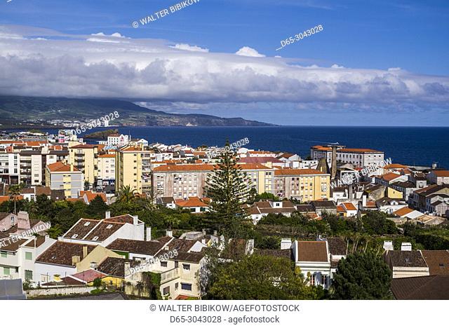 Portugal, Azores, Sao Miguel Island, Ponta Delgada, elevated view of the eastern suburbs
