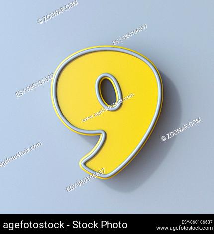 Yellow cartoon font Number 9 NINE 3D render illustration isolated on gray background