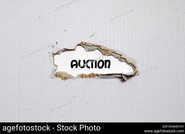 The word auction appearing behind torn paper