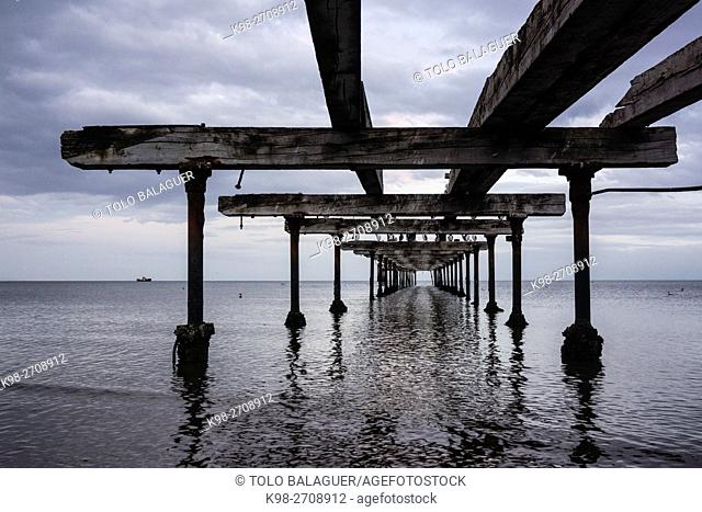Chile, Patagonia, Sandy Point, Costanera, Punta Arenas, ruined pier construction in sea