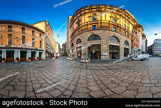 MILAN, ITALY - JANUARY 2, 2015: Via Cesare Beccaria and Excelsior Department Store in Milan. Excelsior Store belongs to the Coin Group which is Italy?s largest...