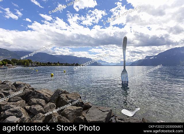 A fork stuck into Lake Geneva marks the Food Museum in Vevey, Switzerland. (CTK Photo/Marketa Hofmanova)