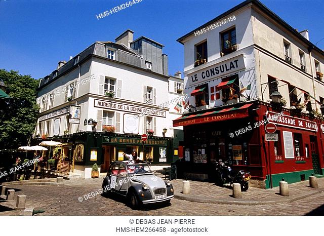 France, Paris, 2CV Tour in Paris, Montmartre, La Bonne Franquette at the angle of Rue des Saules and Rue Saint Rustique, inn is more than four centuries