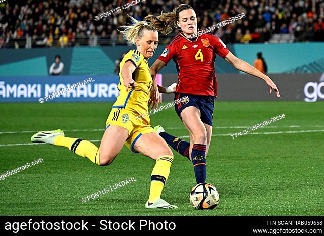 Sweden's Stina Blackstenius and Spain's Irene Paredes during the FIFA Women's World Cup semi-final between Spain and Sweden at Eden Park in Auckland