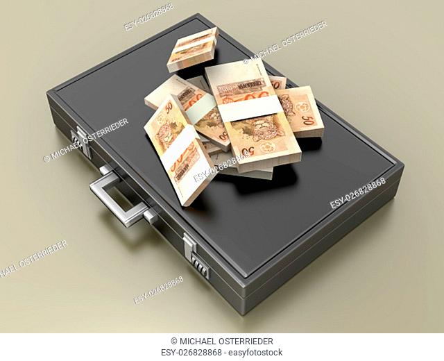A Briefcase and Reales in Cash. 3D rendered Illustration