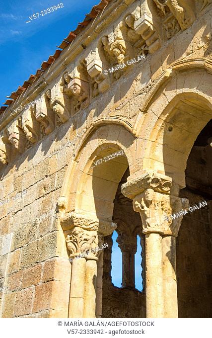 Romanesque church, detail of the facade. Sotosalbos, Segovia province, Castilla Leon, Spain