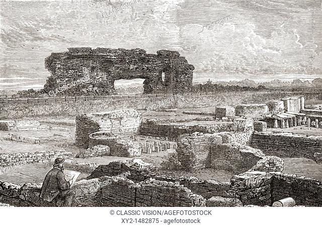 Excavations at Uriconium, aka Viroconium Cornoviorum, or Viroconium, in the late 19th century  A Roman town, one corner of which is now occupied by the small...