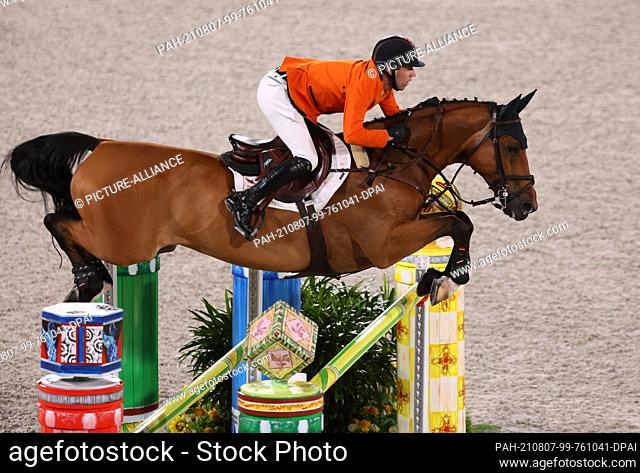 07 August 2021, Japan, Tokio: Equestrian Sport/Jumping: Olympics, Team, Equestrian Park Finals. Maikel van der Vleuten from the Netherlands rides Beauville Z