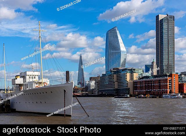 LONDON, UK - MARCH 11 : HMS Wellington moored on the River Thames in London on March 11, 2019