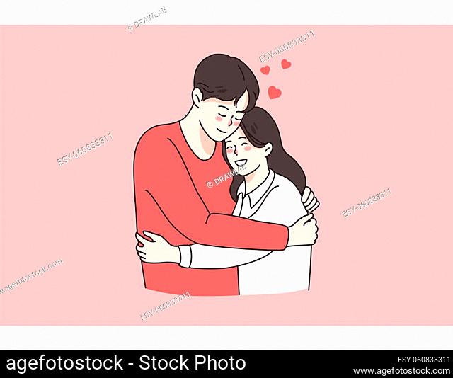 Love tenderness and romantic feelings concept. Young loving smiling couple boy and girl standing hugging embracing each other feeling in love vector...