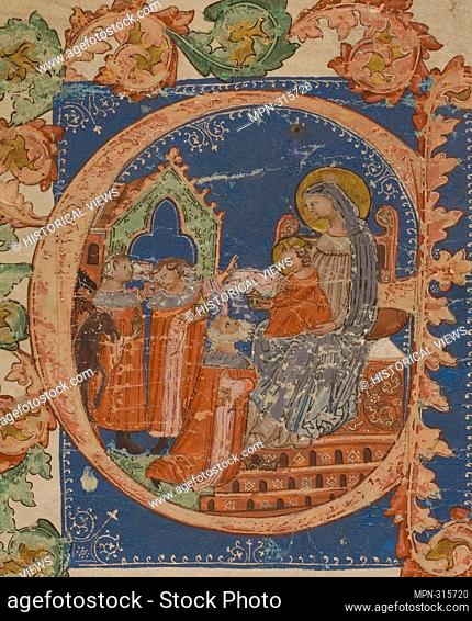 The Adoration of the Magi in a Historiated Initial - - E - - from a Choirbook - 1375/1425 - Italian (Florence). Manuscript cutting in tempera and gold leaf