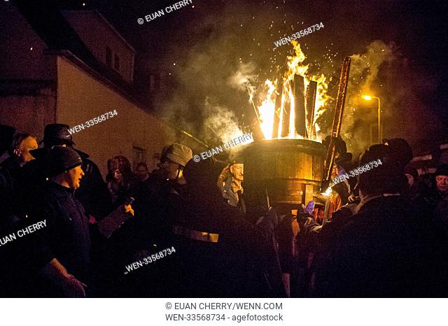 The annual ""Burning of the Clavie"" at the Burghead a fishing village on the Moray Firth which celebrates New Year. Featuring: Burning of the Clavie Where:...