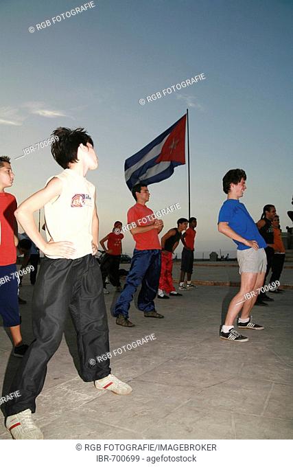 Group of young men and boys exercising at Parque Antonio Maceo in Havana, Cuba, Caribbean, Americas