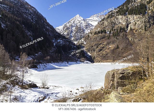 The iced Lago di Antrona in spring, Antrona Valley, Piedmont, Italy