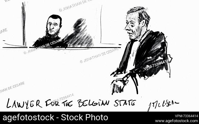 This drawing by Jonathan De Cesare shows accused Salah Abdeslam and lawyer Bernard Renson, representing the Belgian state