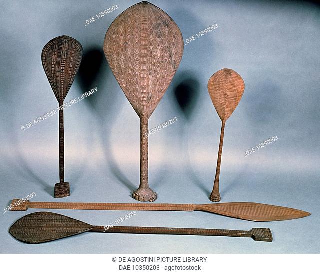 Wood paddles of different sizes, used on Raivavae Island, Austral Islands, French Polynesia (overseas territory of the French Republic)