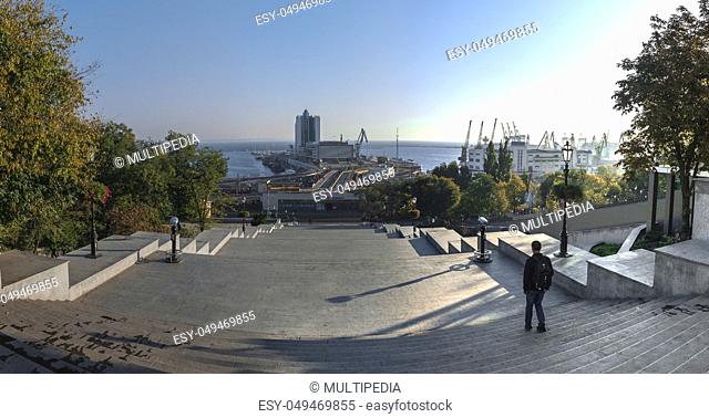 Odessa, Ukraine - 10.12.2018. Panoramic view of Odessa seaside boulevard and sculpture of the founder of the city ?n a sunny autumn morning