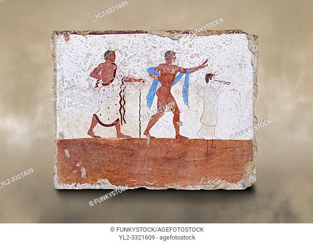 Greek Fresco on the inside of Tomb of the Diver [La Tomba del Truffatore]. The dead man is depicted listenening to the flute of Eros which causes him to be...