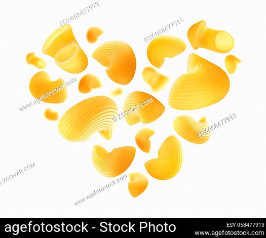 Italian pasta in the shape of a heart on a white background