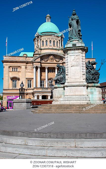 Hull Yorkshire UK - 27 June 2018: Hull City Hall with queen victoria statue in foreground
