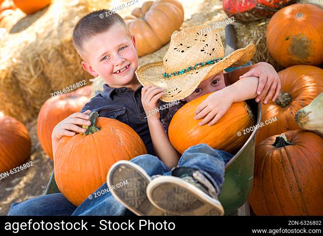 Two Little Boys Playing in Wheelbarrow at the Pumpkin Patch in a Rustic Country Setting