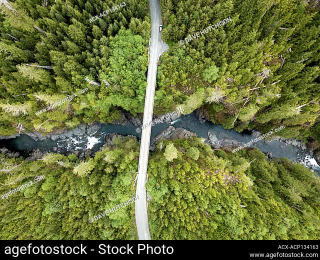 Aerial image of San Juan River near Port Renfrew, Vancouver Island, BC, Canada