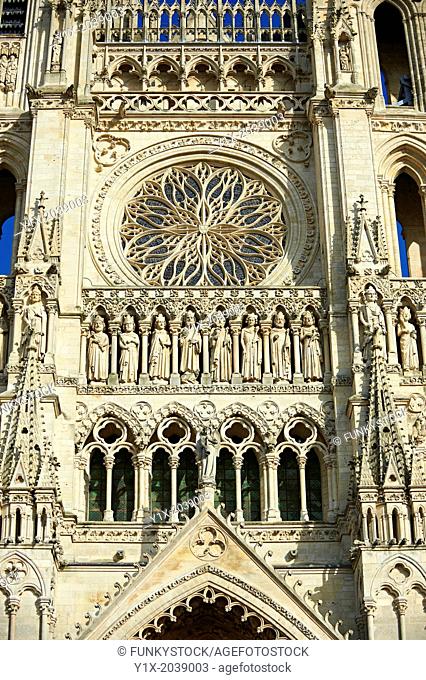 Gothic statues and the facade of the Gothic Cathedral of Notre-Dame, Amiens, France